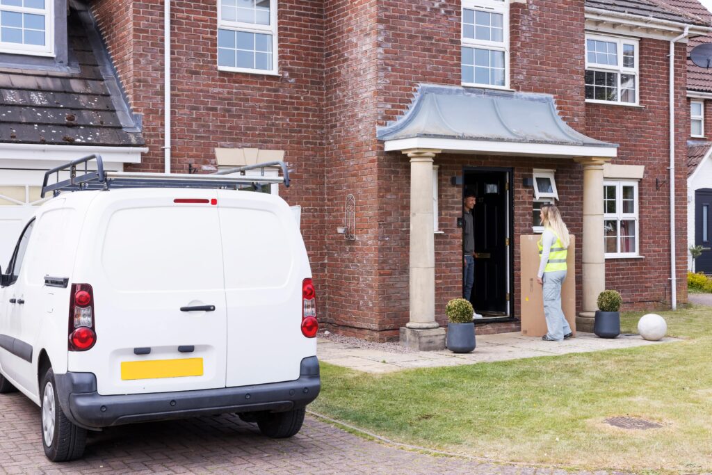 A lady delivering a parcel to a house.